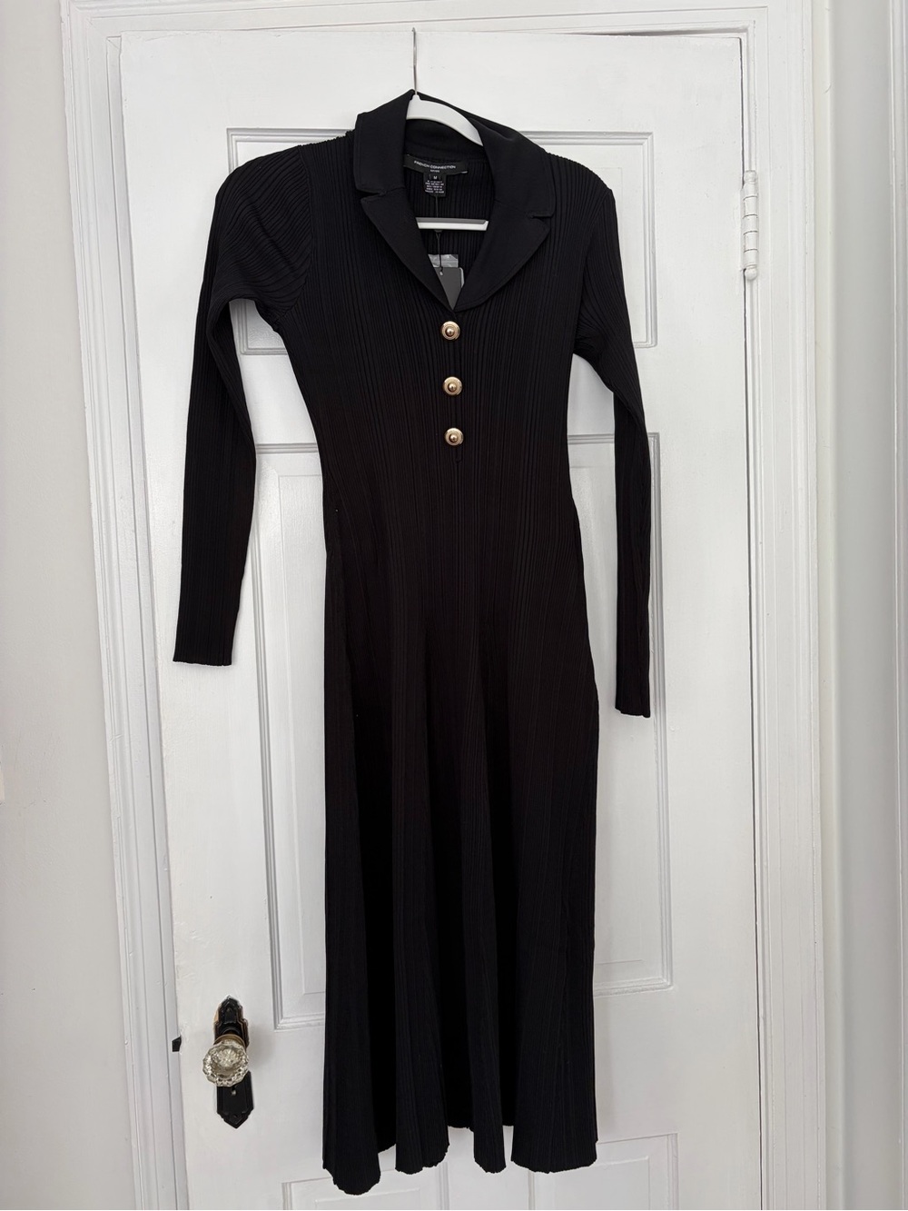 French Connection Black Ribbed Long-Sleeve Knit Dress with Gold Buttons